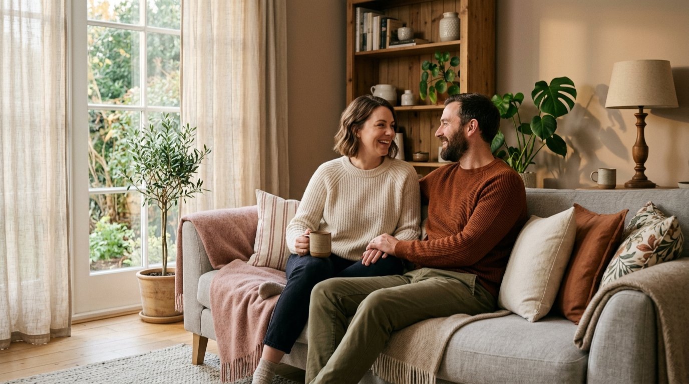Par som sitter tillsammans och pratar &ouml;ppet i ett varmt vardagsrum