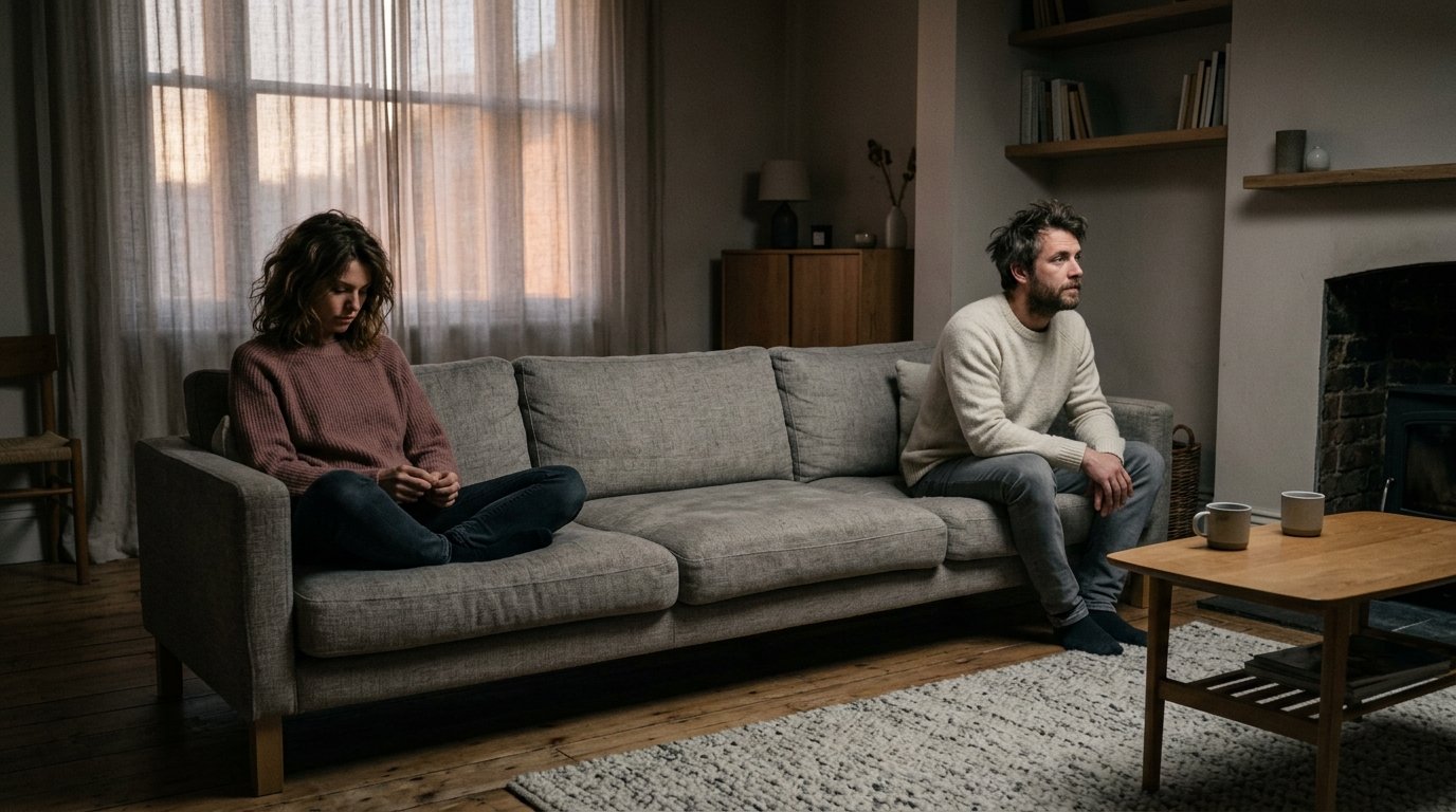 Par i ett tyst rum med avstand mellan sig men ljus som faller in genom fonster