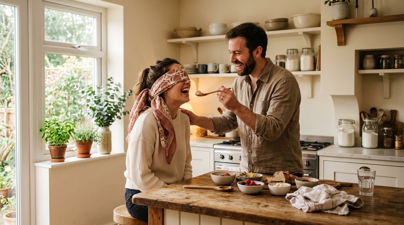 Par som skrattar tillsammans i varmt ljus, nara och avslappnade