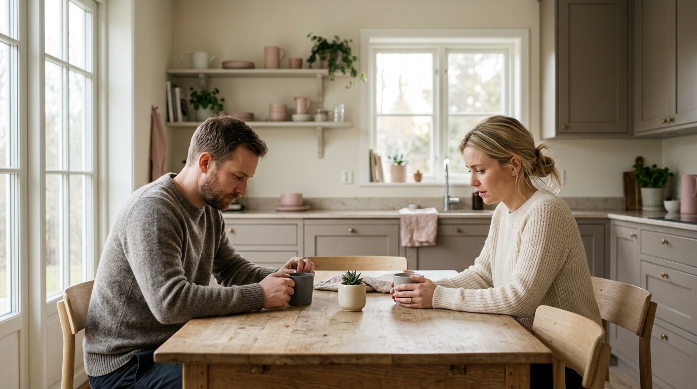 Par som sitter i koket med korsade armar, anspanda men med ljus i rummet