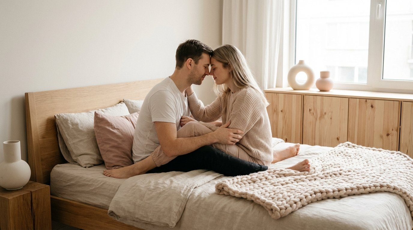 Par som sitter n&auml;ra varandra med &ouml;gonkontakt i ett varmt rum