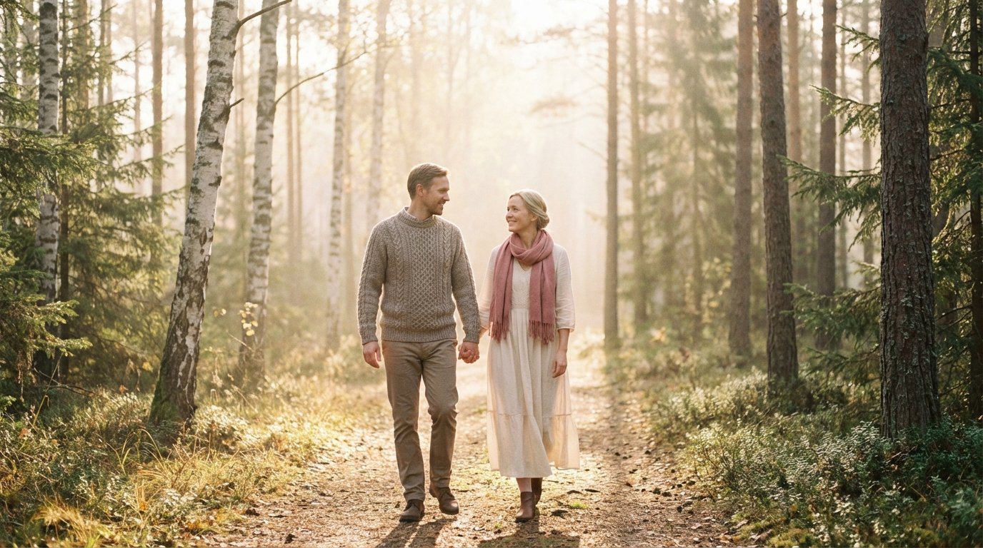 Par som g&aring;r sida vid sida p&aring; en v&auml;g i mjukt morgonljus