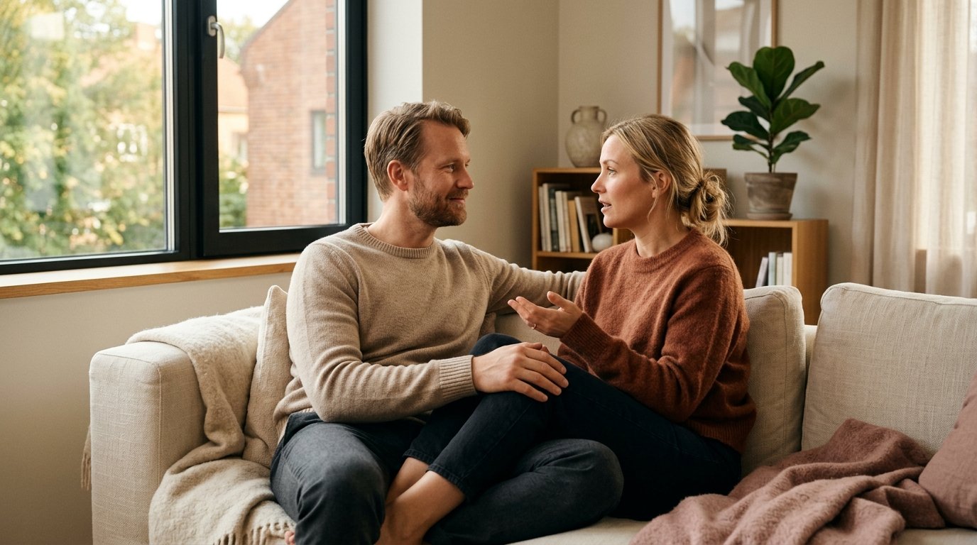 Par sitter i mjukt morgonljus, fullt vända mot varandra, lyssnar uppmärksamt — bilden av aktivt lyssnande i en parrelation