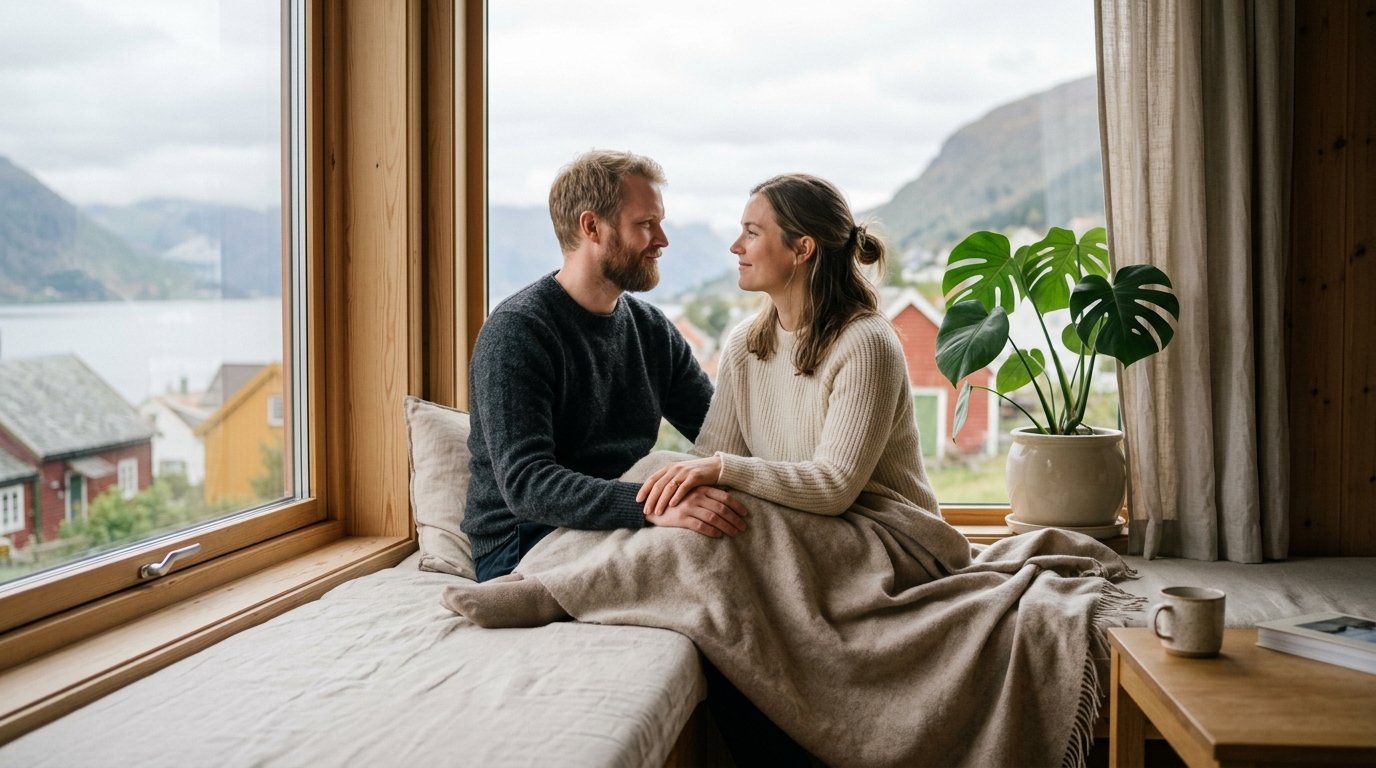 Par sitter nära varandra vid ett fönster i mjukt morgonljus, kropparna vända mot varandra i en trygg, lugn pose