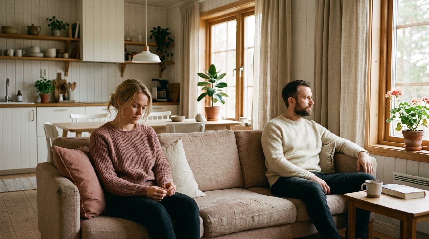 Par sitter vänd från varandra i en köks-soffa, eftermiddagsljus filtreras genom fönstret, känslan av en återkommande pause mitt i en konflikt