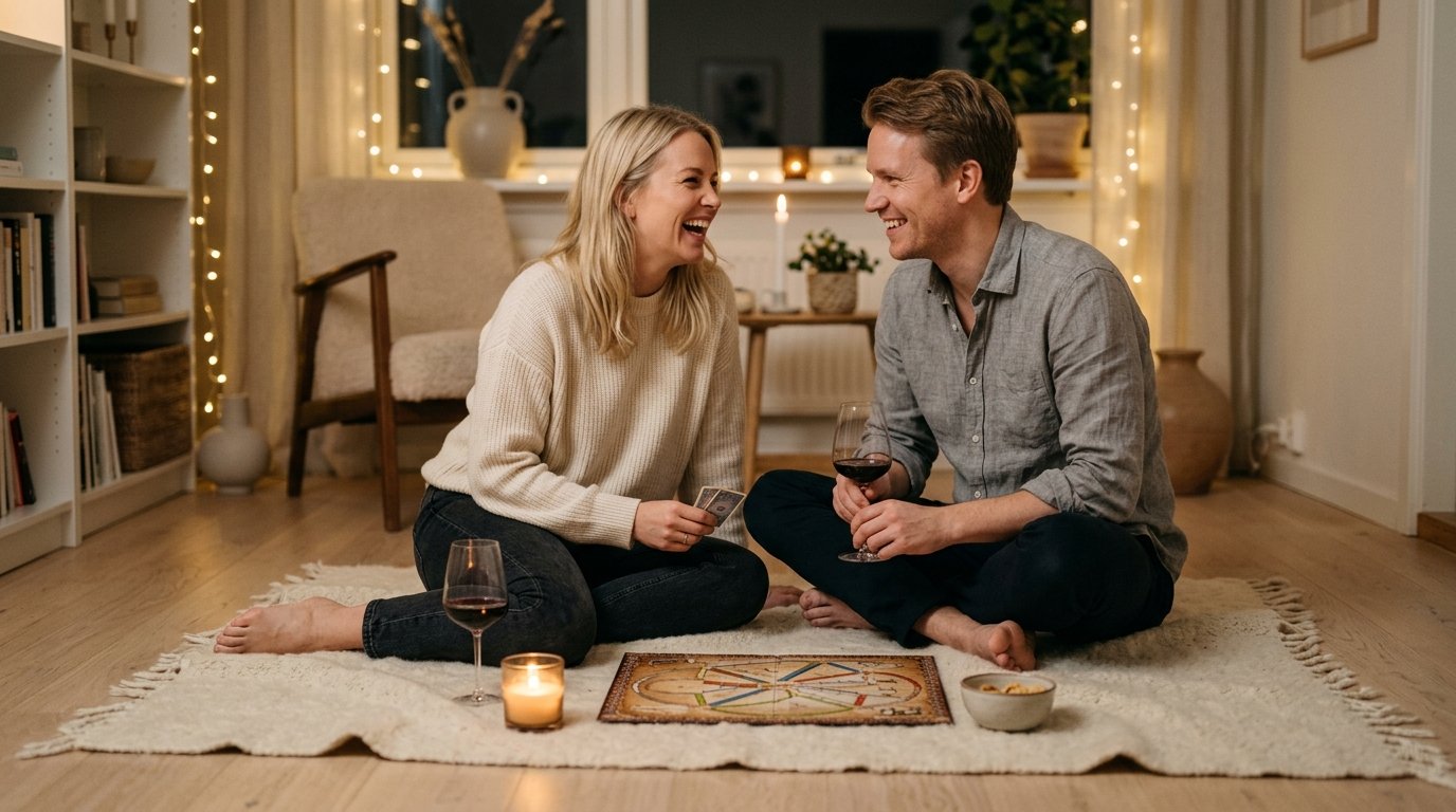 Par sitter tillsammans på en mjuk filt vid ett soligt fönster med en kopp te och en bok, lugnt skratt — bilden av en intim date night hemma