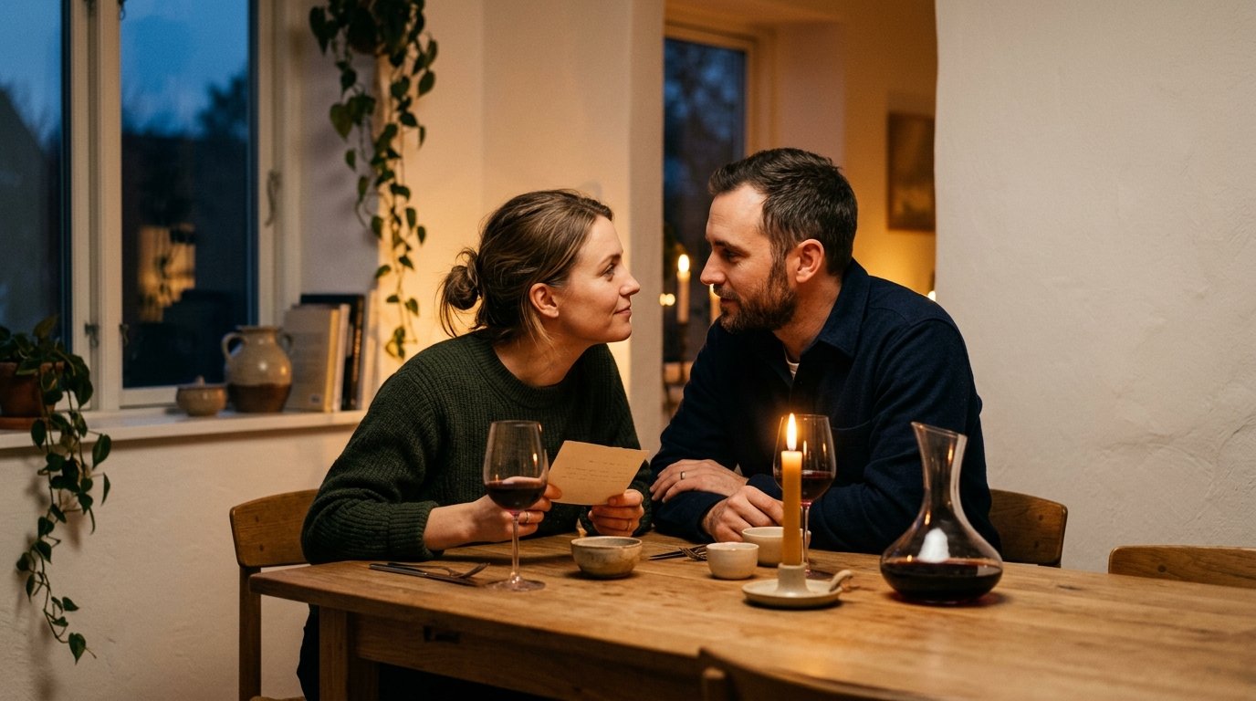Par sitter mittemot varandra vid ett levande ljus och har ett djupt och intimt samtal