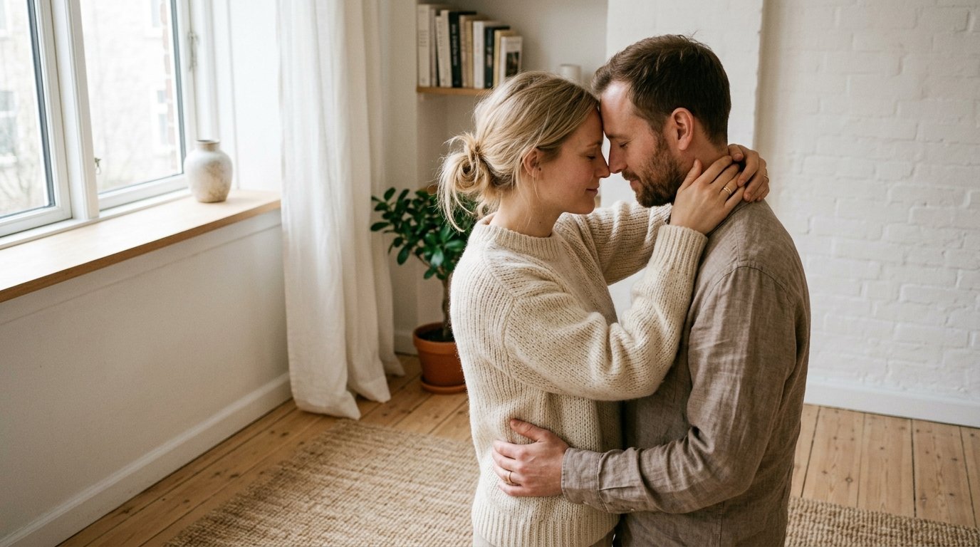 Par sitter tätt tillsammans, händer som möts mjukt — bilden av säker anknytning som EFT bygger