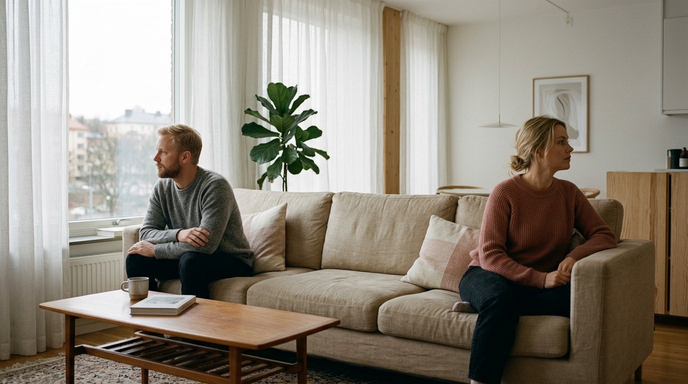 Par sitter på samma soffa men med fysiskt och emotionellt avstånd, mjukt eftermiddagsljus — bilden av att vara nära men distanserade