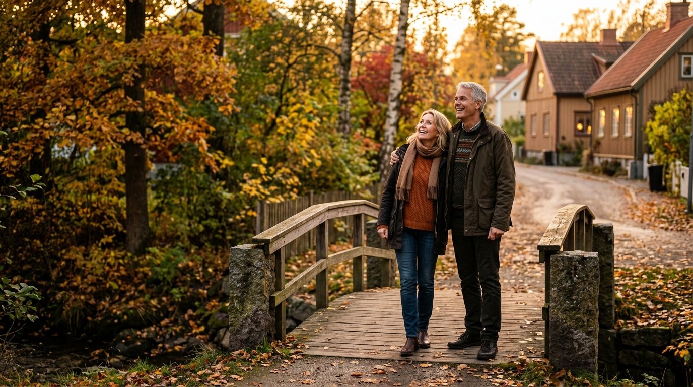 Par står tillsammans i ett okänt nytt sammanhang, ler lite överraskat — bilden av nyfikenhet återupptäckt i en lång relation