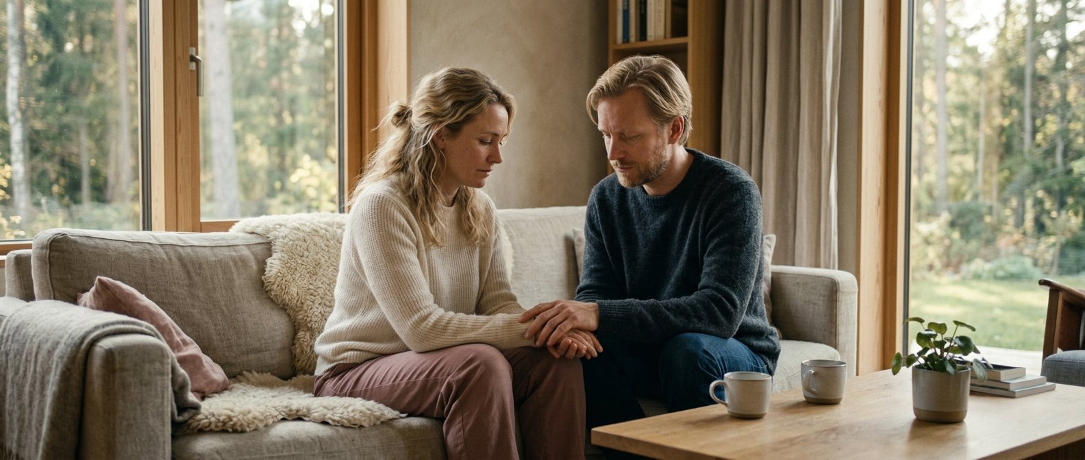Par sitter nära varandra med händerna mötande i mjukt morgonljus — bilden av medveten läkning mellan två människor