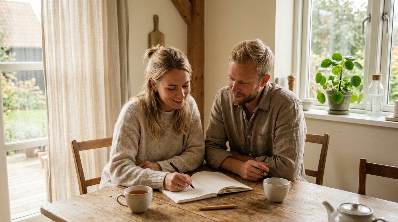 Par sitter nära varandra med en notebook framför sig, vid ett soligt köksbord — bilden av två som lär sig en strukturerad metod tillsammans