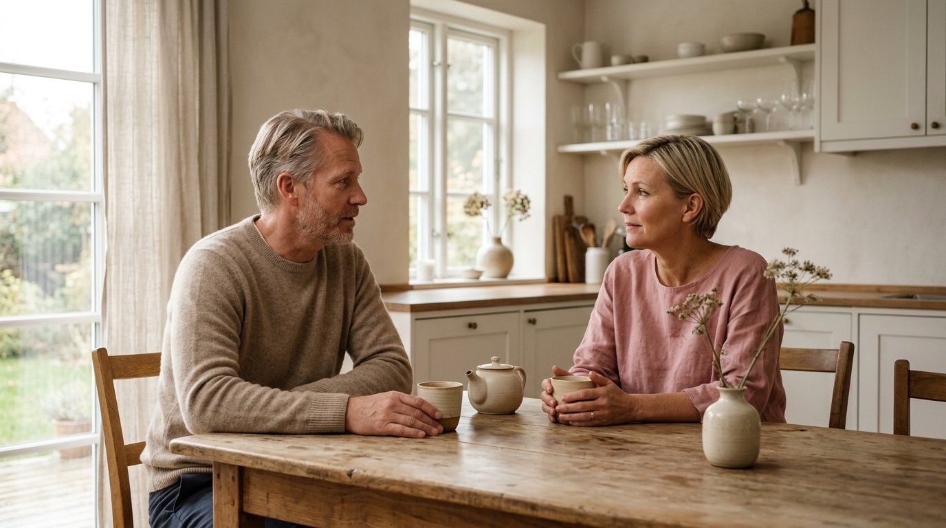 Par sitter vid ett köksbord med två koppar te, lugn och seriös konversation i mjukt eftermiddagsljus — bilden av två personer som pratar om något viktigt