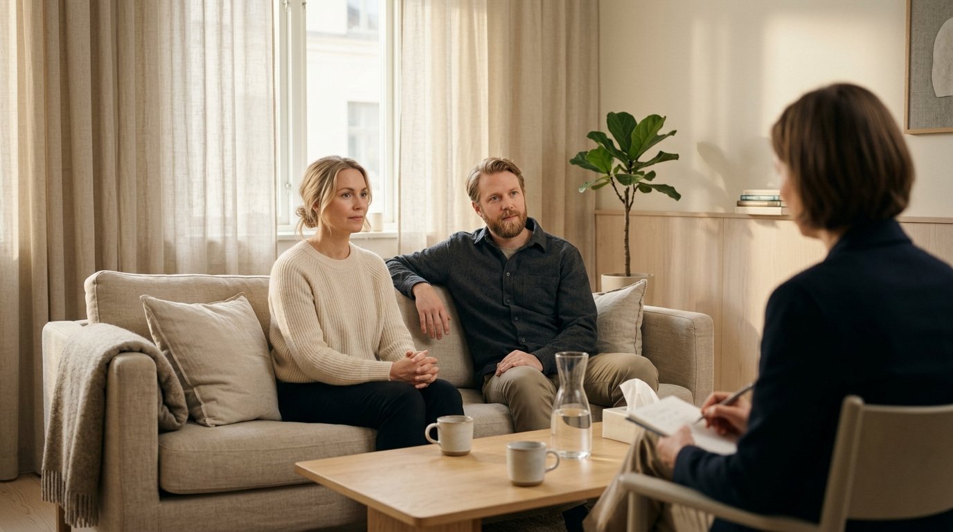 Skandinaviskt par sitter sida vid sida hos terapeut — terapirummets stillsamma atmosfär