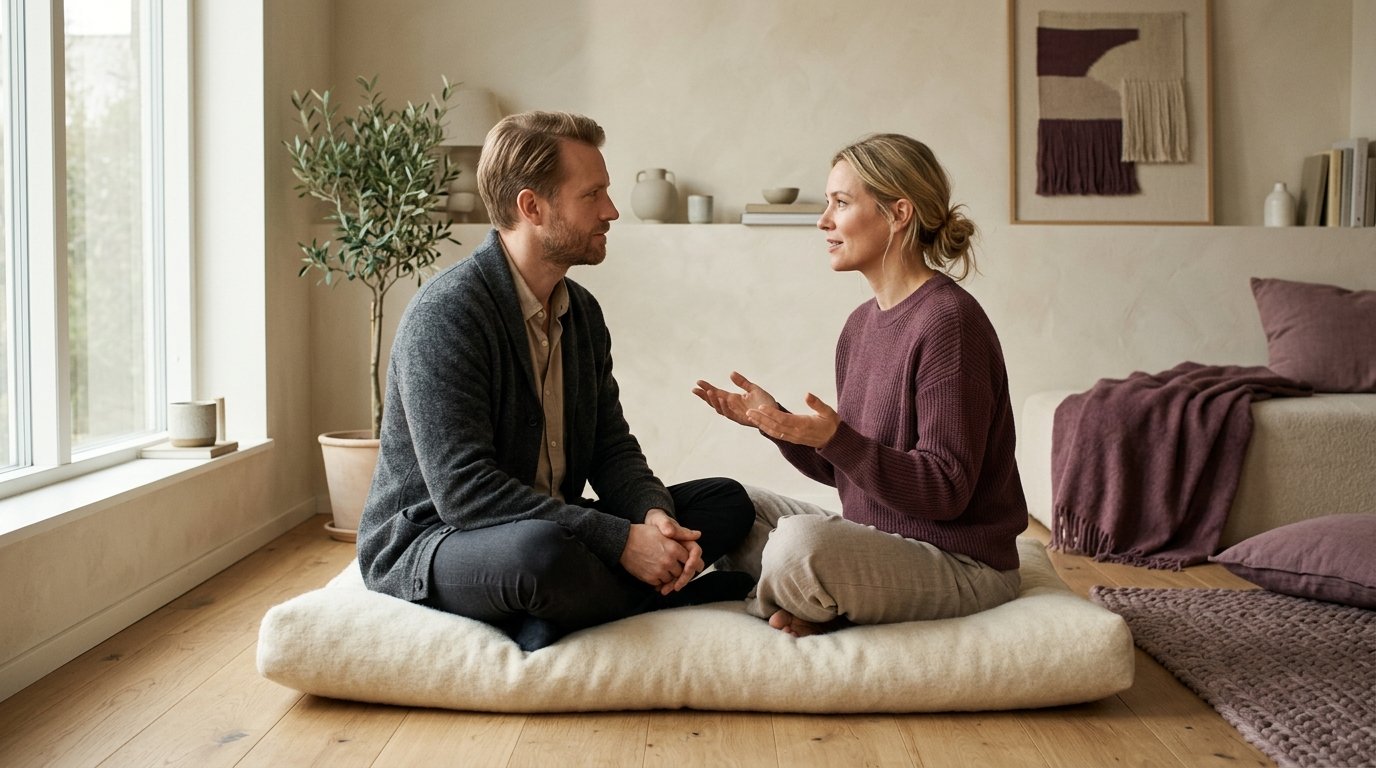 Par sitter mittemot varandra i lugnt morgonljus, ena handen lyft i samtal — bilden av strukturerad Imago-dialog