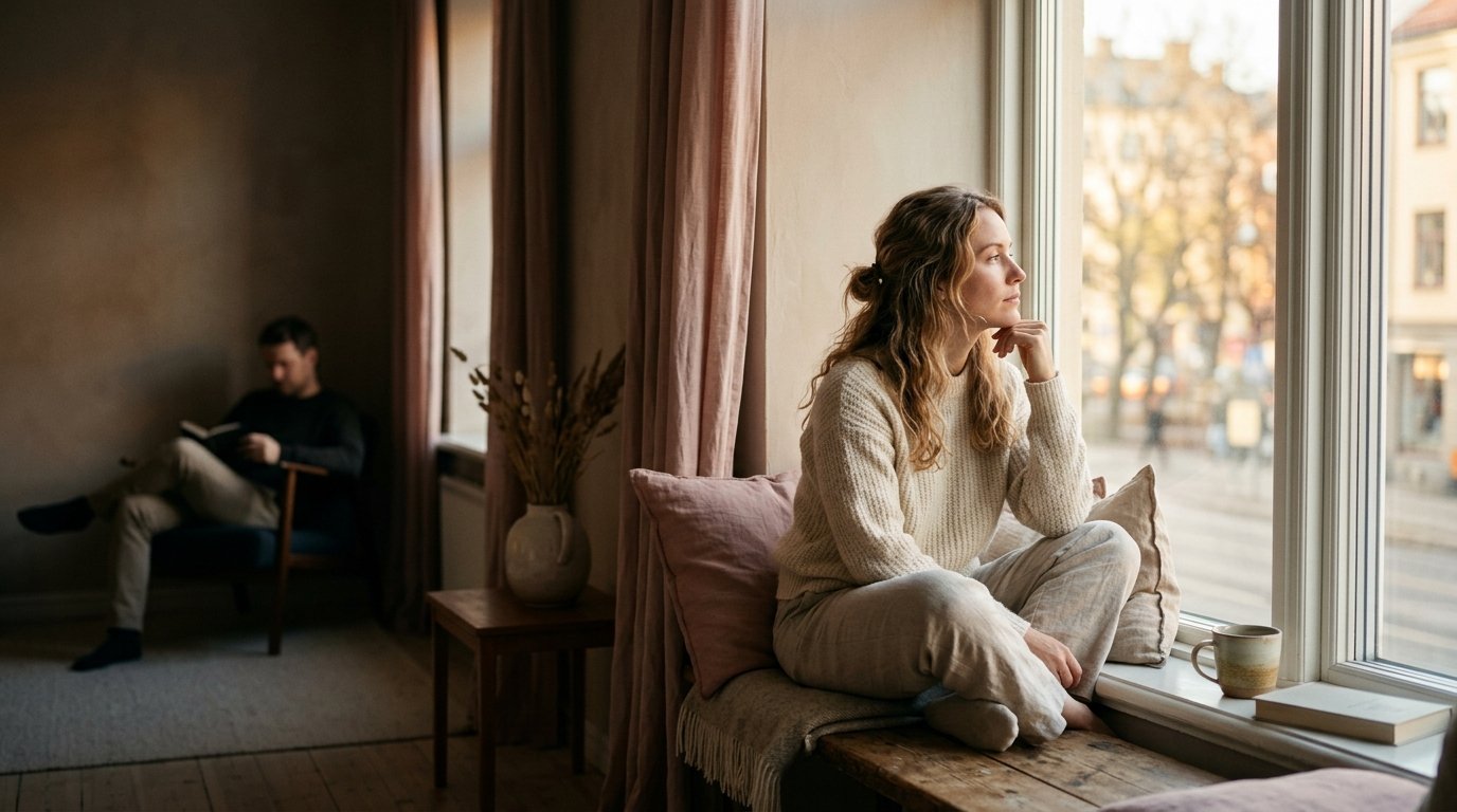 Person sitter ensam vid ett fönster i mjukt eftermiddagsljus med partnern suddig i bakgrunden — bilden av emotionell ensamhet i en parrelation