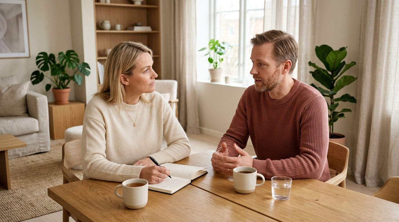 Par sitter vid ett bord med ett anteckningsblock framför sig — bilden av strukturerat KBT-arbete för par