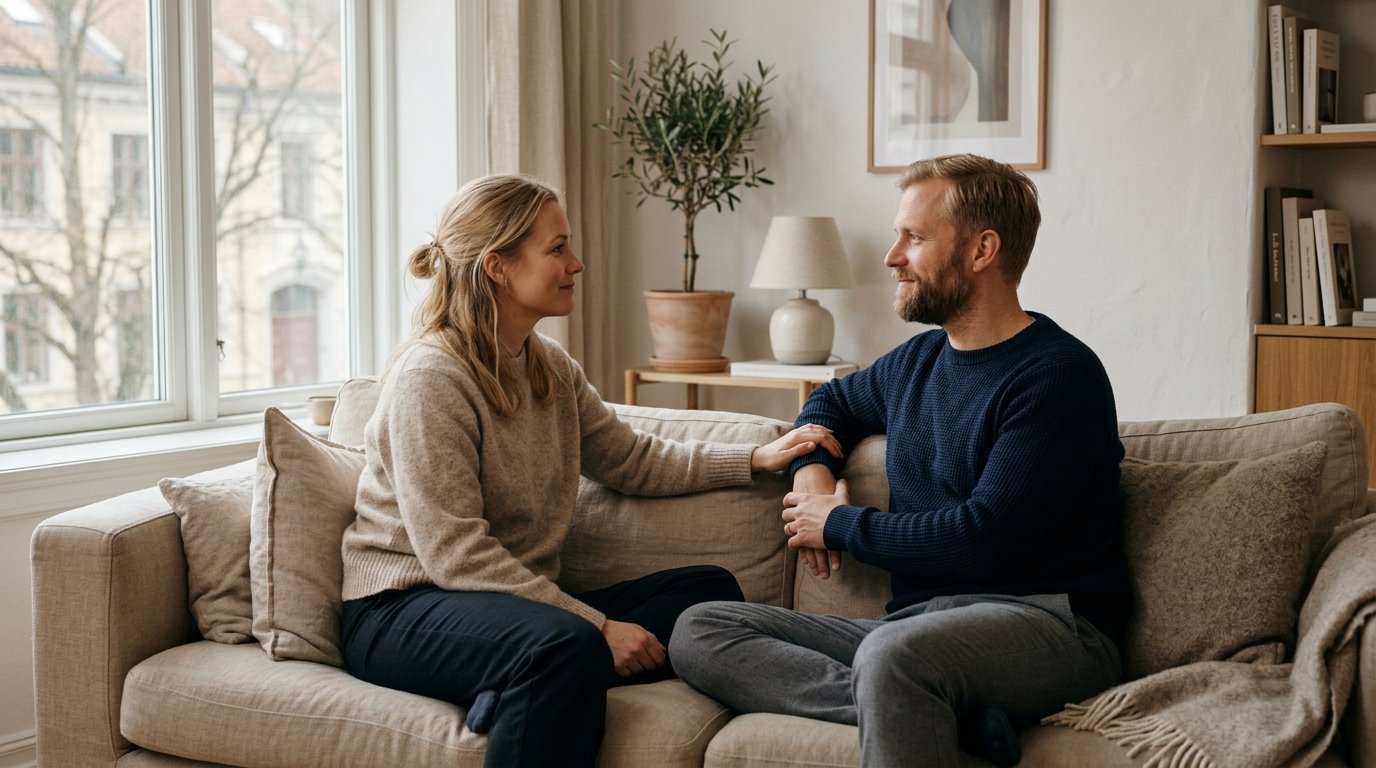 Par sitter på en soffa, vända mot varandra med lugna ansikten — bilden av en relation där konflikter hanteras med trygghet