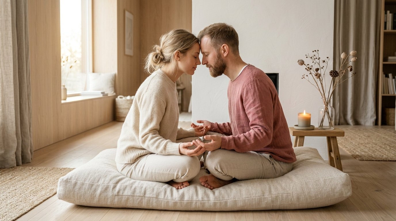 Par sitter mittemot varandra med ögonen slutna i lugnt morgonljus, händerna mötande — bilden av delad närvaro