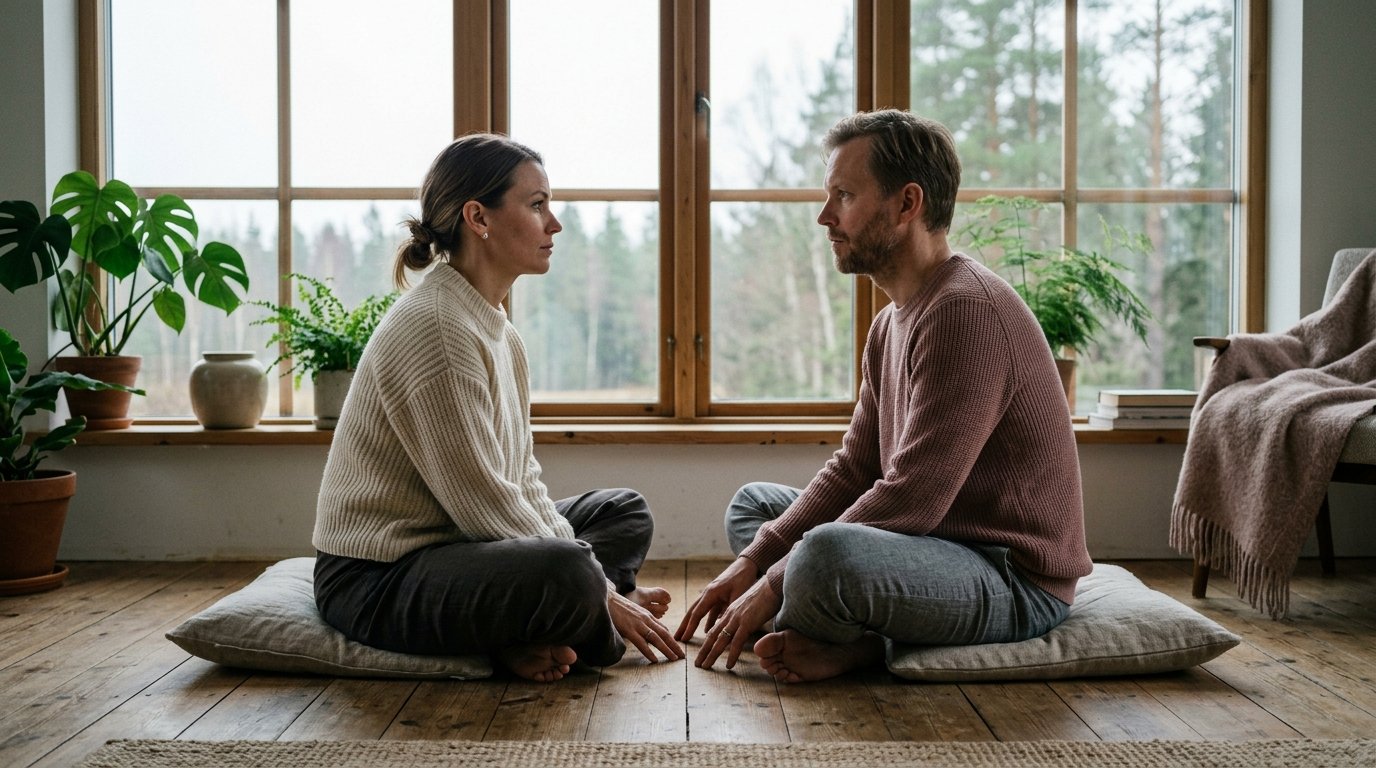 Par sitter vänd mot varandra med händerna nästan rörande, mjukt morgonljus — bilden av tidig och försiktig återanslutning efter en kris