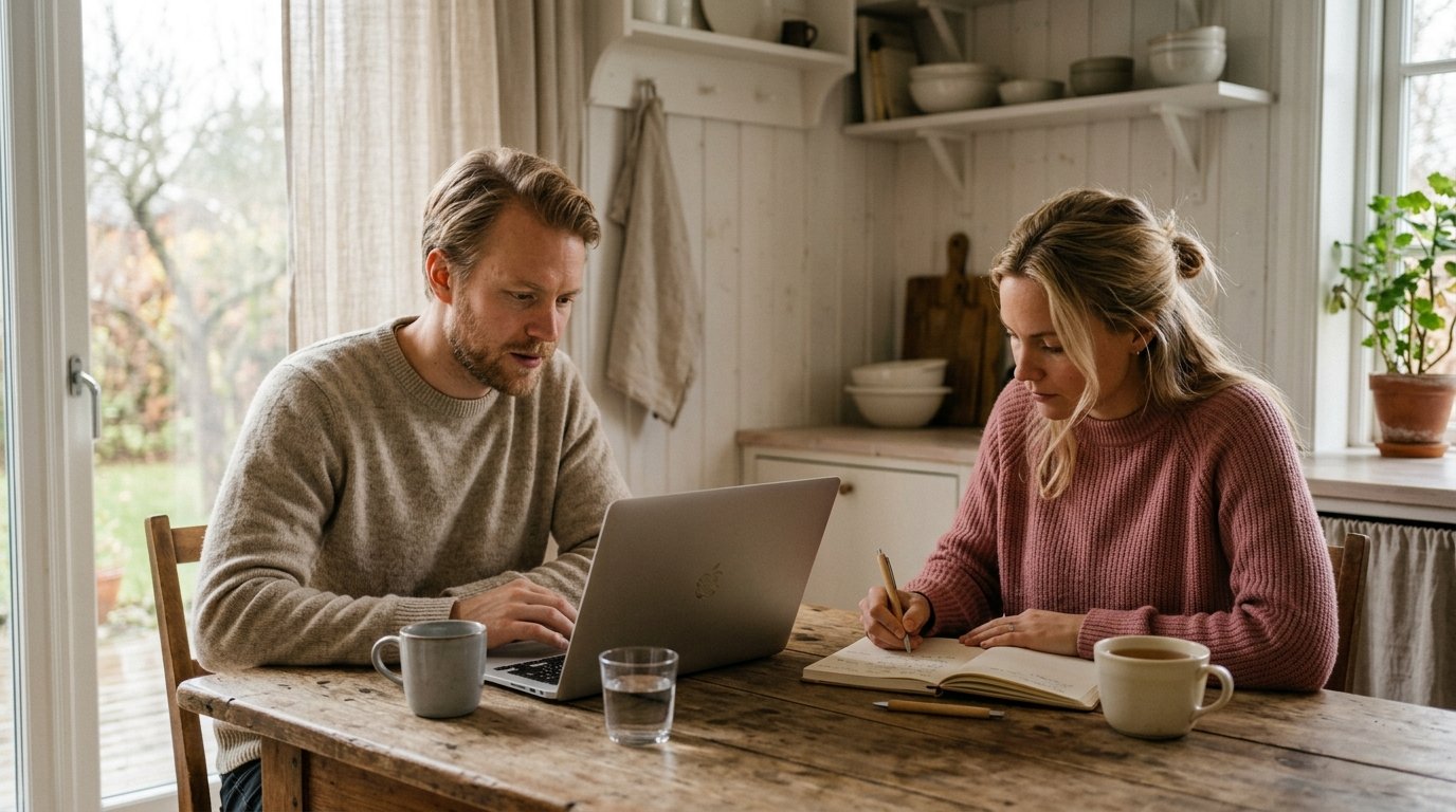 Par sitter framför en bärbar dator med en lista frågor framför sig — bilden av förberedelse inför parterapi
