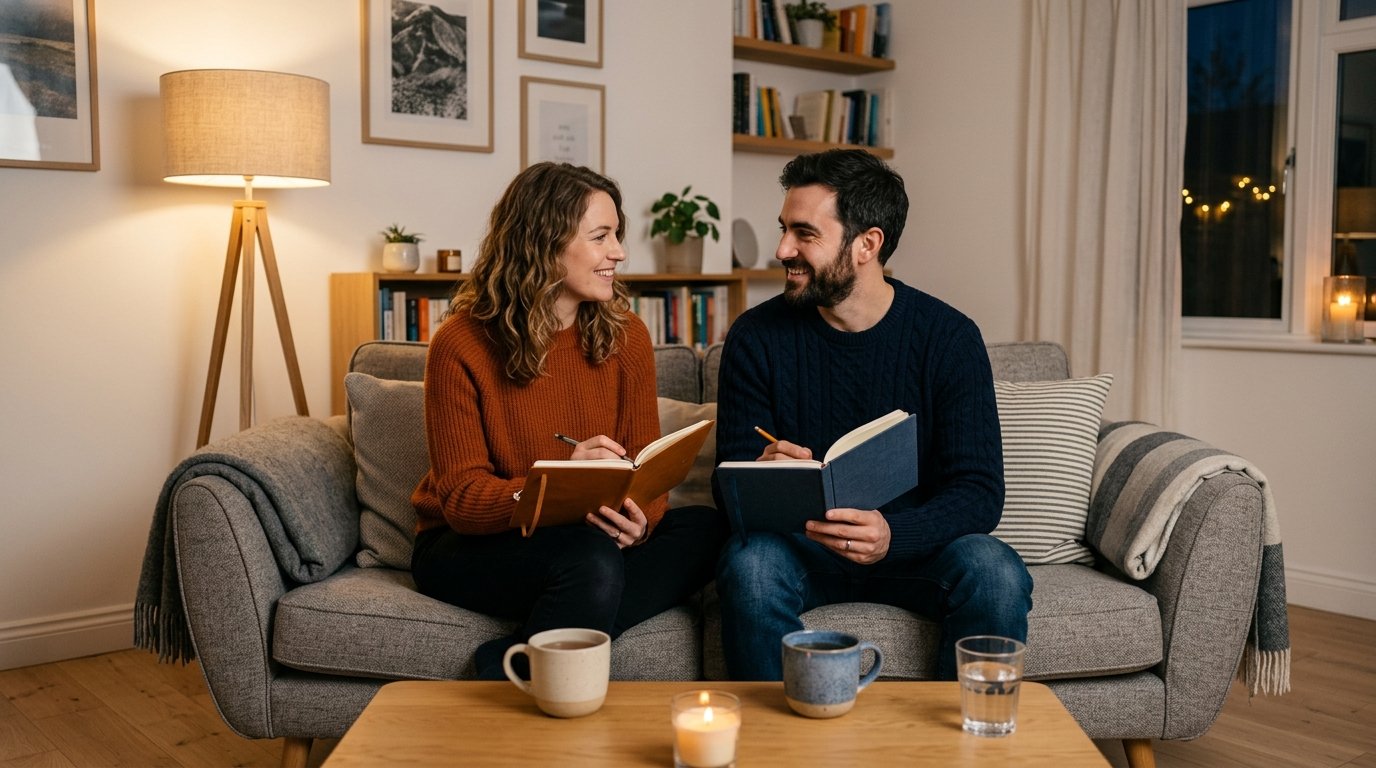 Par sitter i soffan med en öppen anteckningsbok och gör parterapi hemma tillsammans