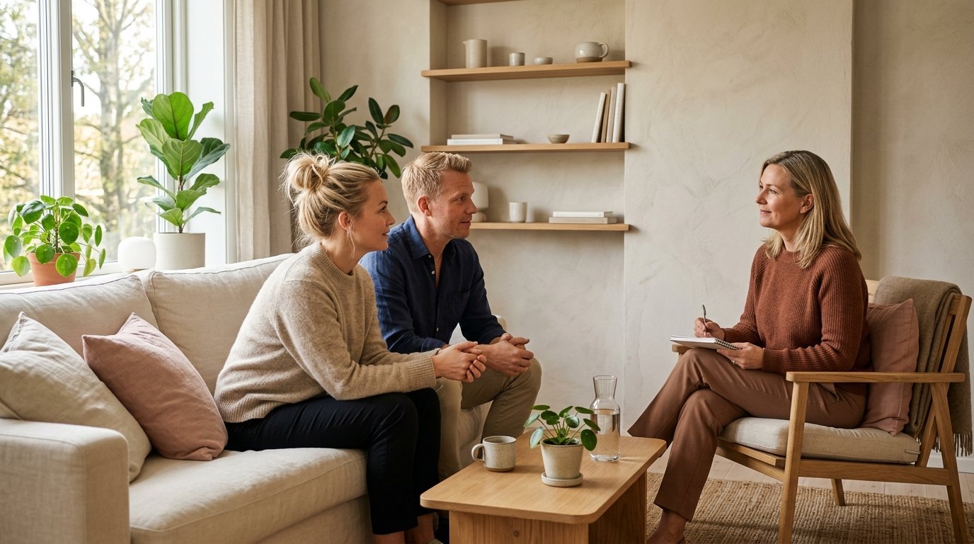 Par sitter tillsammans med en terapeut i lugn mottagningsmiljö, mjukt eftermiddagsljus — bilden av strukturerad parterapi