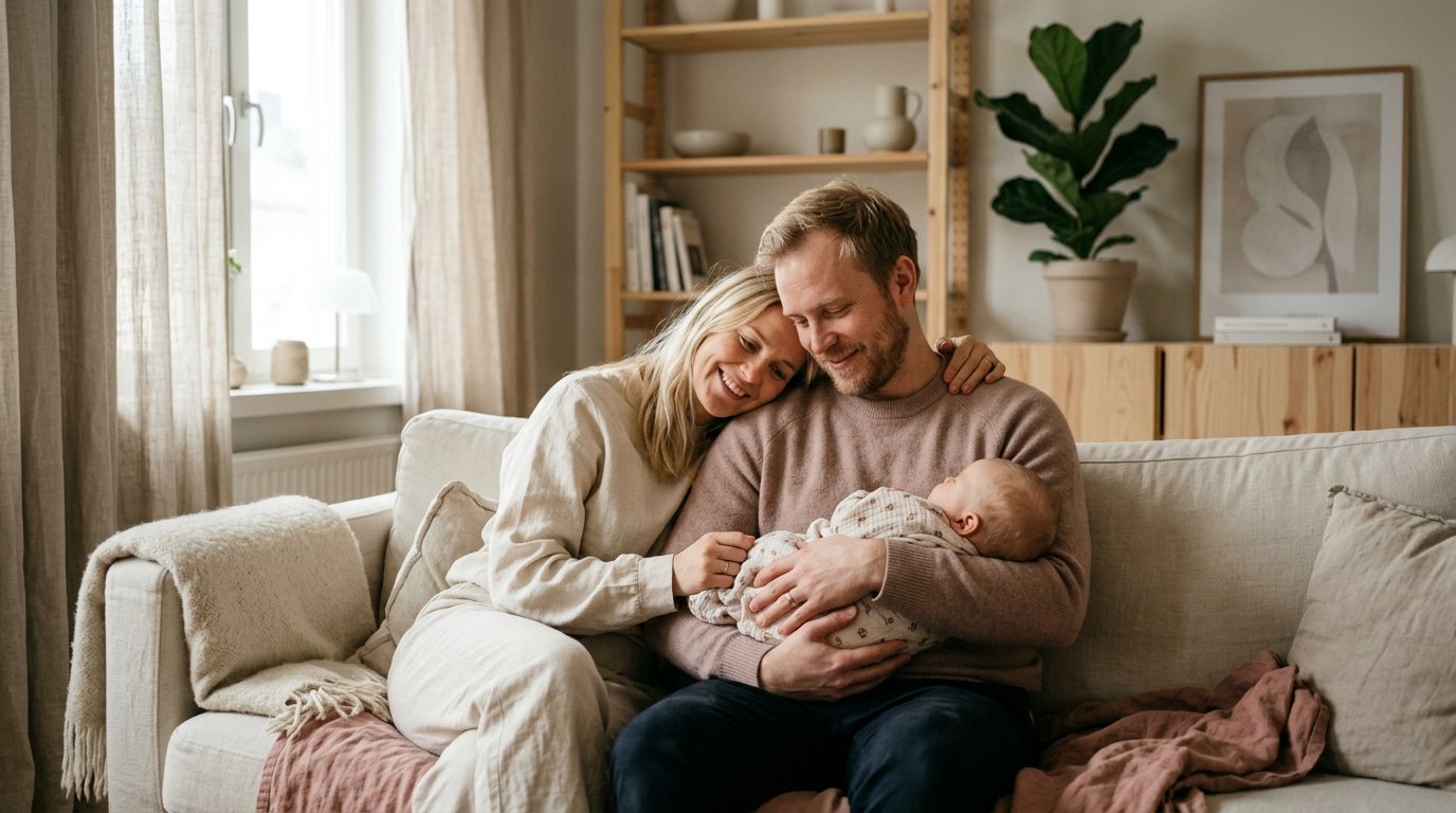 Par sitter tätt tillsammans på en soffa med ett litet barn sovande mellan sig, mjukt morgonljus — bilden av kärlek som överlevt föräldraskapets första år