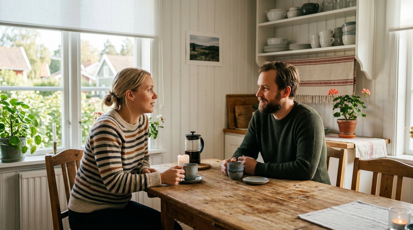 Par sitter vid ett bord med en kopp kaffe och har ett konstruktivt, lugnt samtal om sin relation