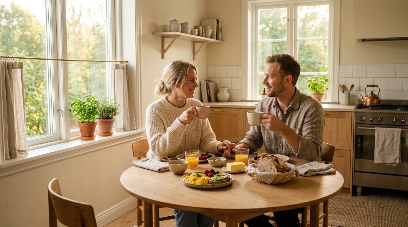 Par som delar frukost tillsammans på morgonen i ett ljust och varmt kök