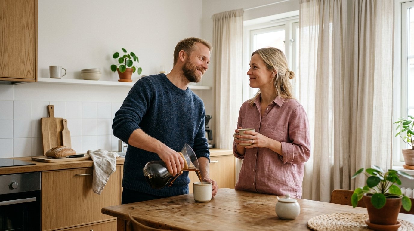 Skandinaviskt par i ett tyst, vardagligt ögonblick av närvaro — bilden av en stark, hållbar relation