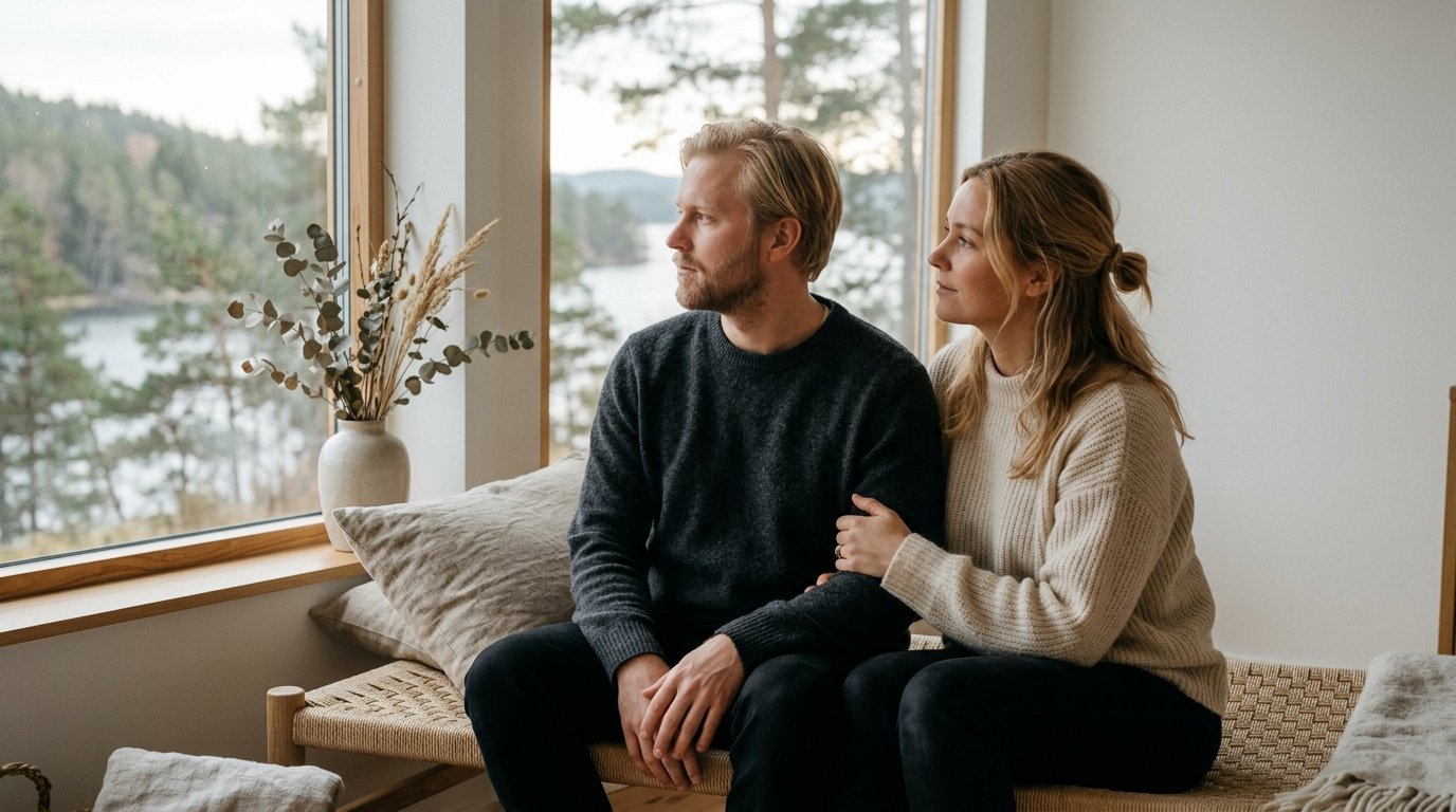 Skandinaviskt par i ett ärligt, sårbart samtal vid fönsterljus — bilden av att möta svartsjukan utan flykt