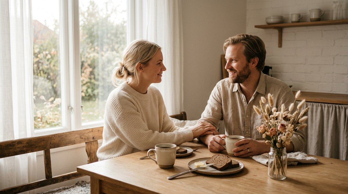 Par sitter tätt tillsammans och ler mot varandra i mjukt morgonljus — bilden av små dagliga ögonblick av uppskattning
